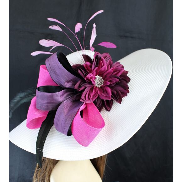 Purple Hot Pink Plum Jeweled Flower Women Kentucky Derby White Hat Wide Brim - Picture 2 of 4
